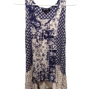 Women's Ellen Tracy Sleeveless Tank Top. Abstract Floral. Blue & Cream. Size Med